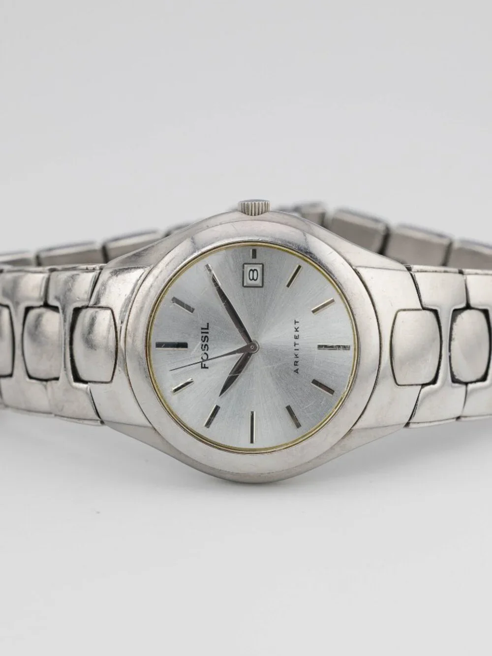 Vintage FOSSIL Arkitekt Silver Dial Quartz Analog Men's Watch Fresh Battery